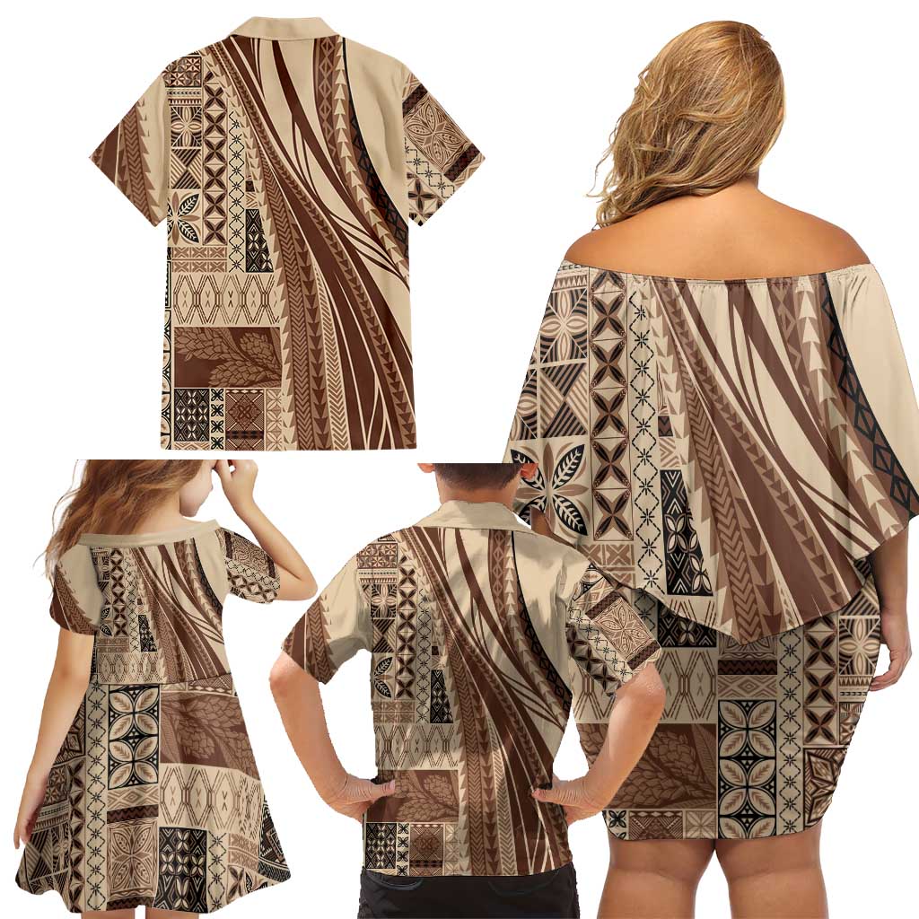 Pasifika Women's Day - Samoa Siapo Malu Tattoo Inspired Family Matching Off Shoulder Short Dress and Hawaiian Shirt Beige LT7 - Polynesian Pride