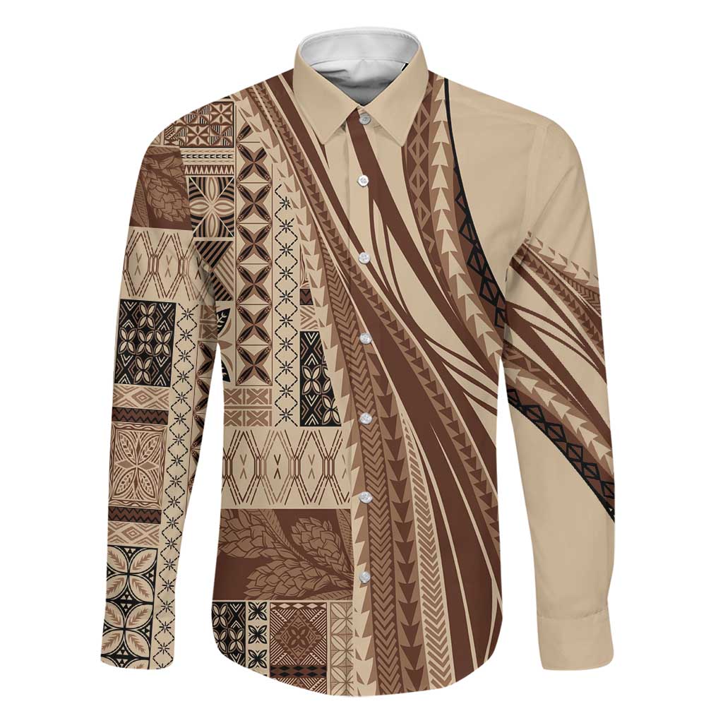 Pasifika Women's Day - Samoa Siapo Malu Tattoo Inspired Family Matching Off Shoulder Short Dress and Hawaiian Shirt Beige LT7 Dad's Shirt - Long Sleeve Beige - Polynesian Pride