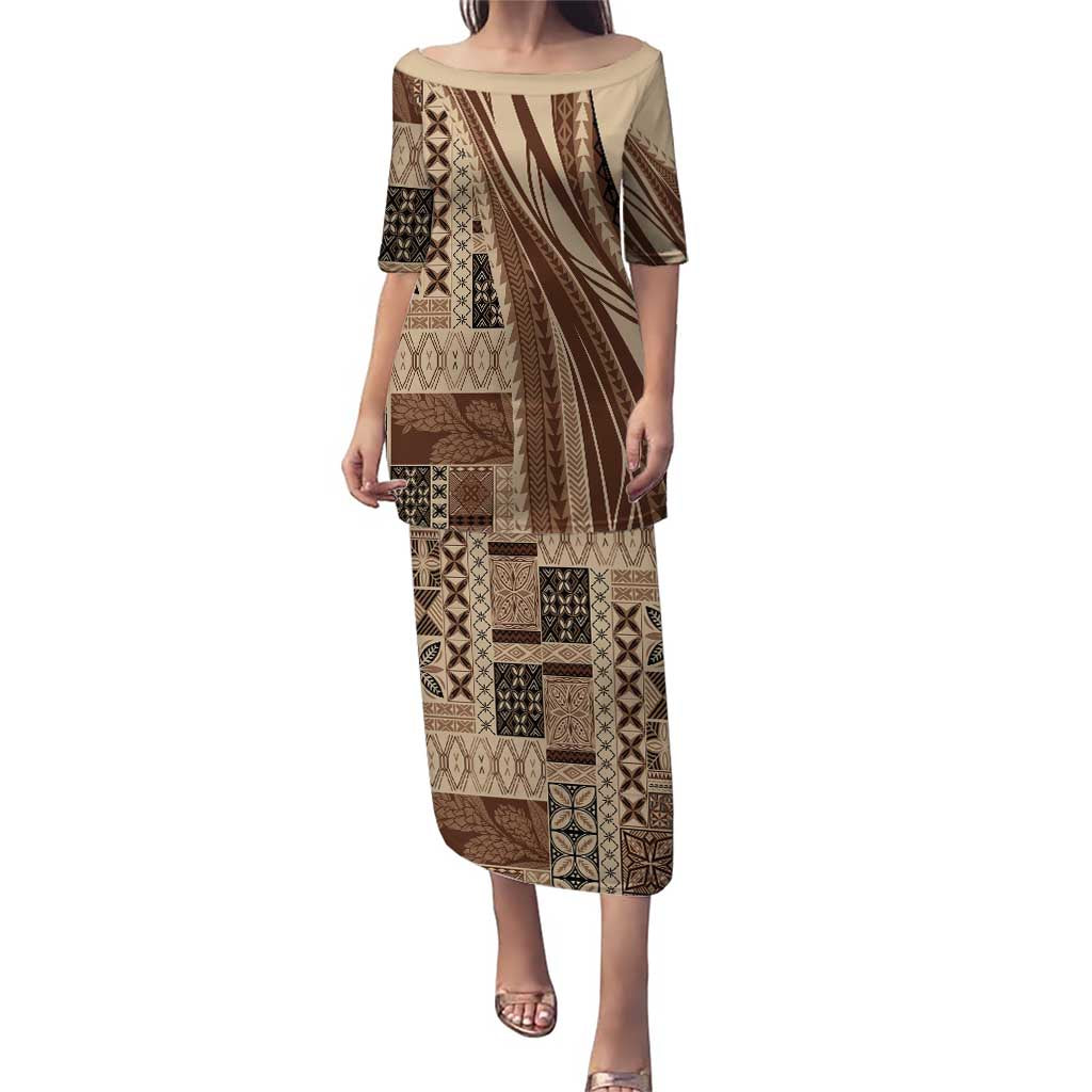 Pasifika Women's Day - Samoa Siapo Malu Tattoo Inspired Family Matching Puletasi and Hawaiian Shirt Beige LT7 Mom's Dress Beige - Polynesian Pride