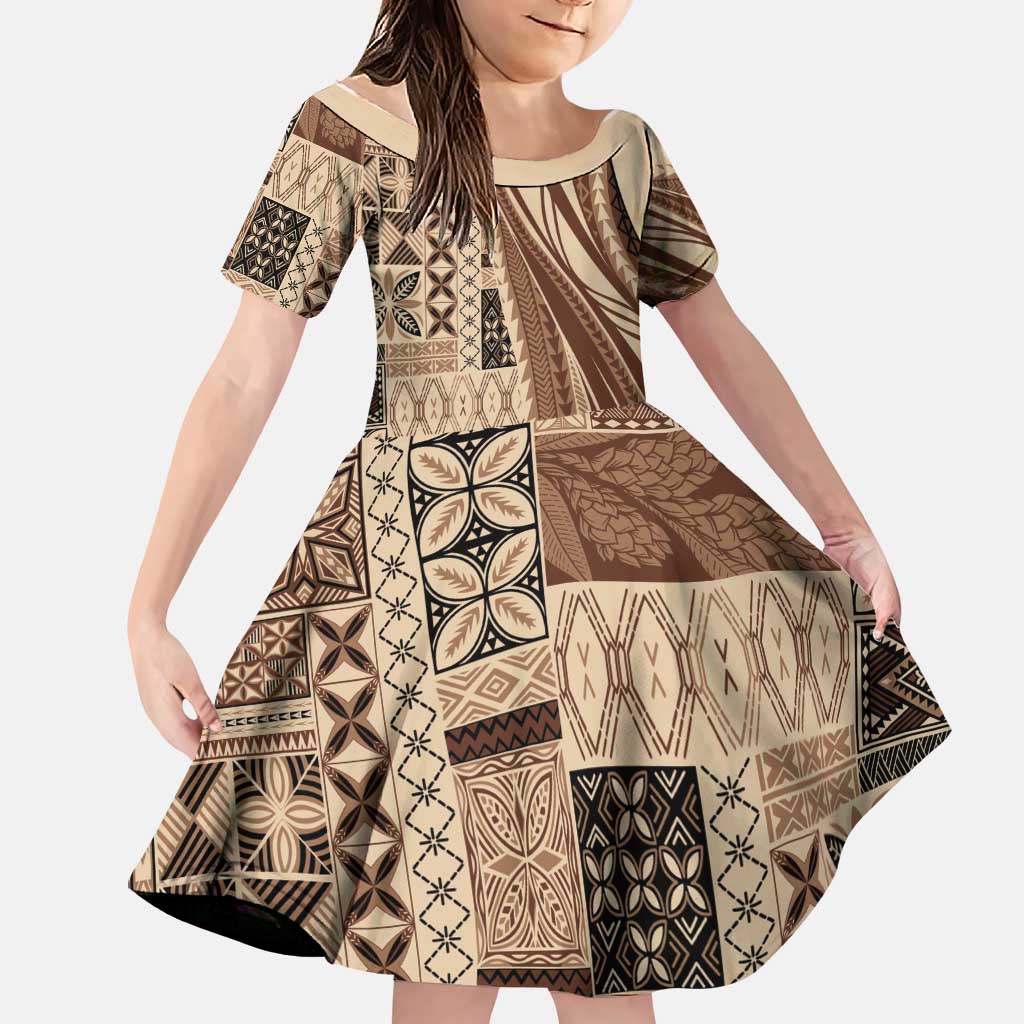 Pasifika Women's Day - Samoa Siapo Malu Tattoo Inspired Family Matching Short Sleeve Bodycon Dress and Hawaiian Shirt Beige LT7 Daughter's Dress Beige - Polynesian Pride