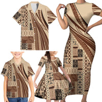 Pasifika Women's Day - Samoa Siapo Malu Tattoo Inspired Family Matching Short Sleeve Bodycon Dress and Hawaiian Shirt Beige LT7 - Polynesian Pride