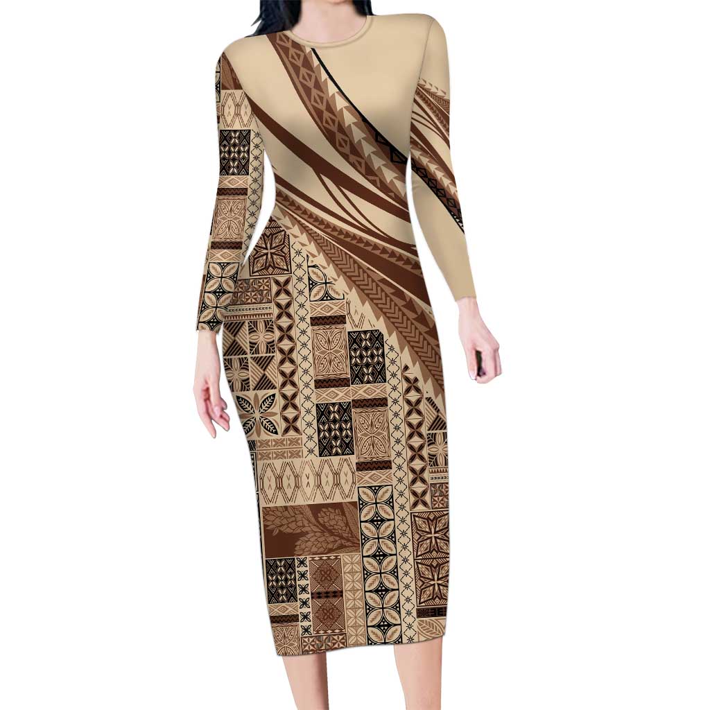 Pasifika Women's Day - Samoa Siapo Malu Tattoo Inspired Long Sleeve Bodycon Dress Beige