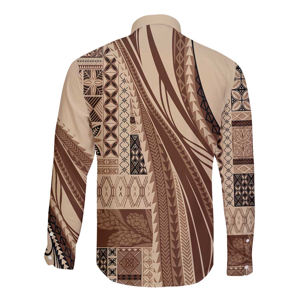 Pasifika Women's Day - Samoa Siapo Malu Tattoo Inspired Long Sleeve Button Shirt Beige