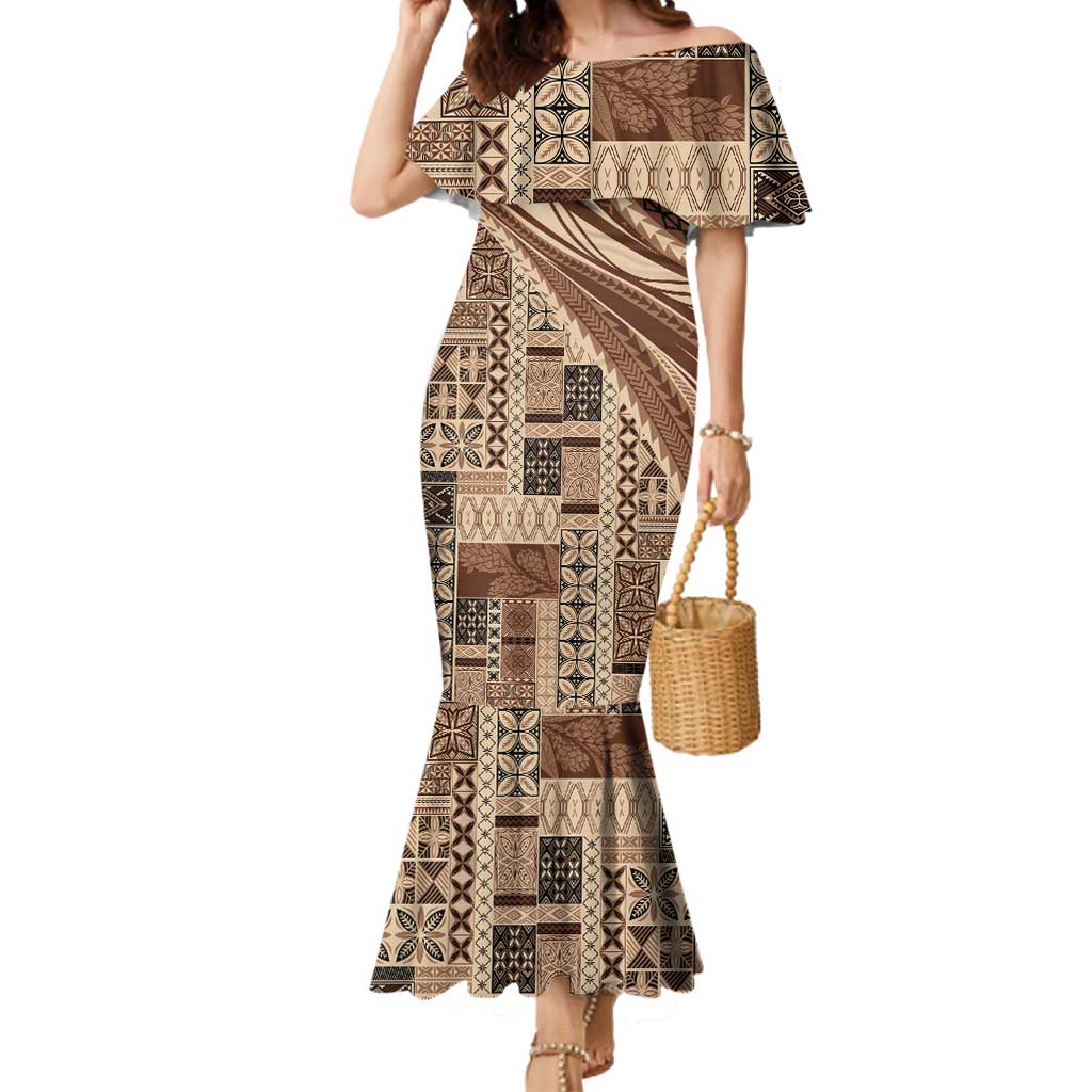 Pasifika Women's Day - Samoa Siapo Malu Tattoo Inspired Mermaid Dress Beige