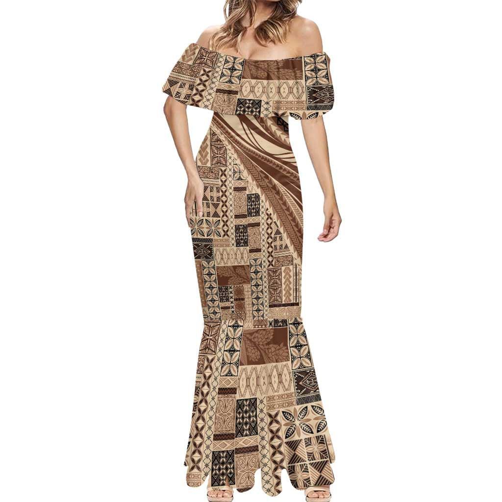 Pasifika Women's Day - Samoa Siapo Malu Tattoo Inspired Mermaid Dress Beige