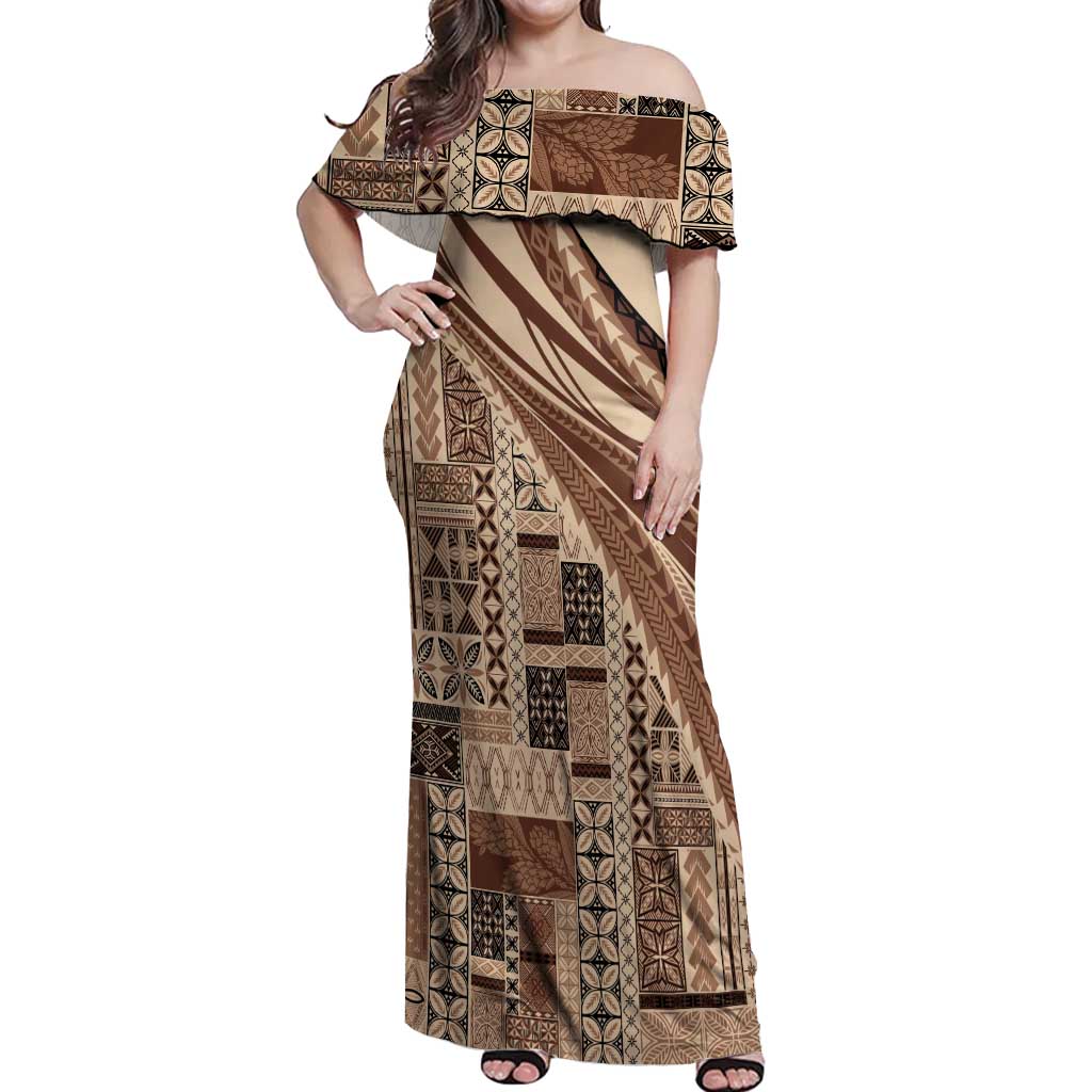 Pasifika Women's Day - Samoa Siapo Malu Tattoo Inspired Off Shoulder Maxi Dress Beige