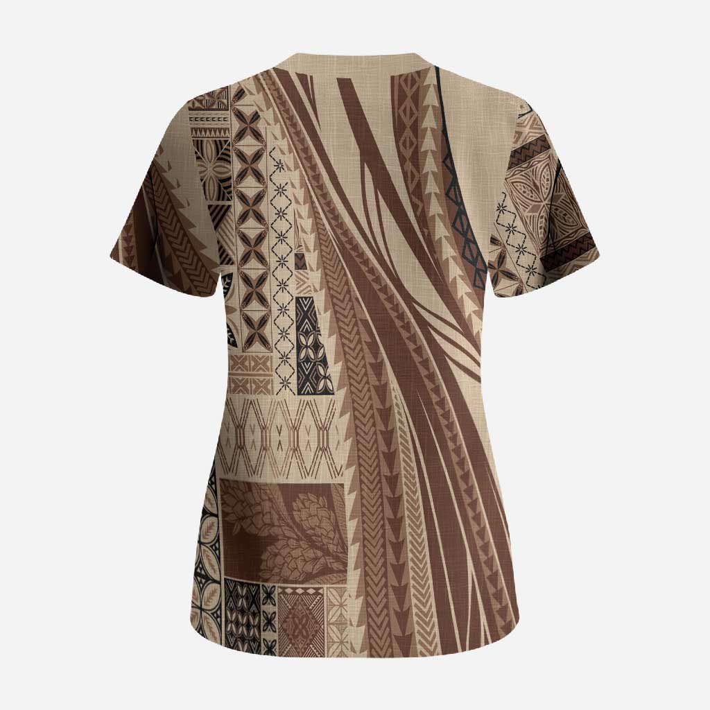 Pasifika Women's Day - Samoa Siapo Malu Tattoo Inspired Scrub Top Beige