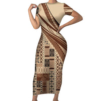 Pasifika Women's Day - Samoa Siapo Malu Tattoo Inspired Short Sleeve Bodycon Dress Beige