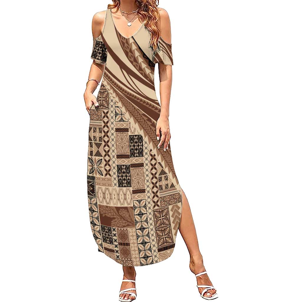 Pasifika Women's Day - Samoa Siapo Malu Tattoo Inspired Summer Maxi Dress Beige