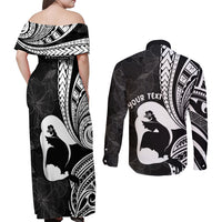 Mother's Day Couples Matching Off Shoulder Maxi Dress and Long Sleeve Button Shirt Polynesia Vintage Hibiscus - Black