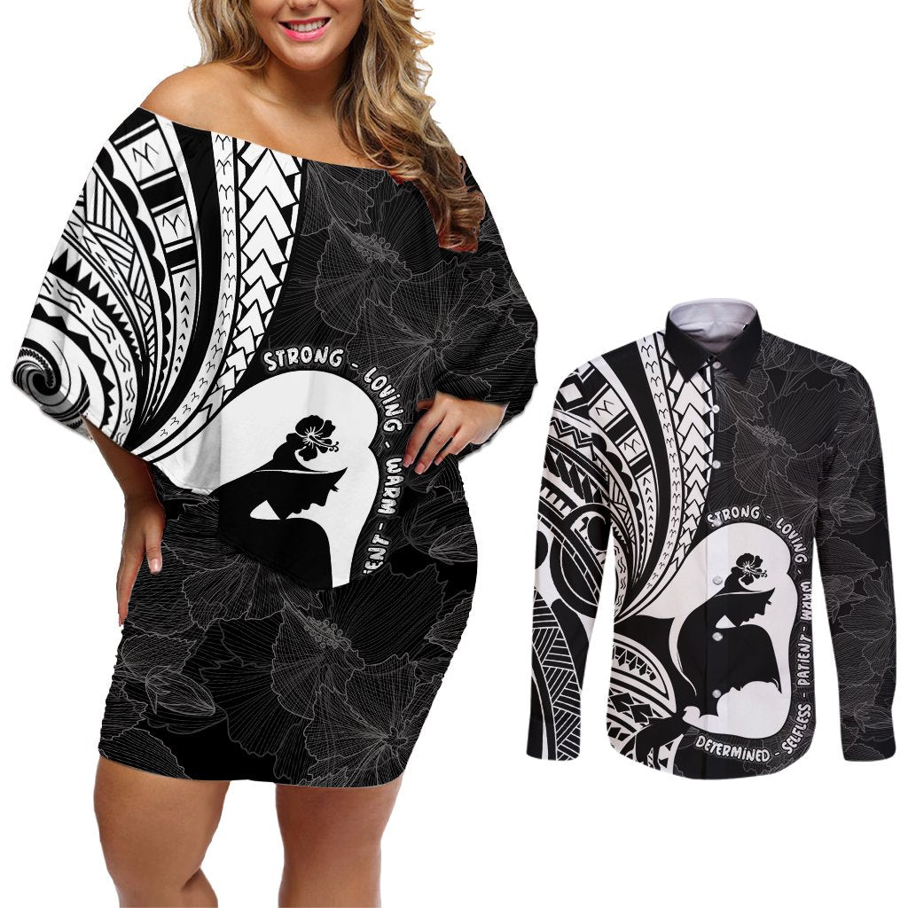 Mother's Day Couples Matching Off Shoulder Short Dress and Long Sleeve Button Shirt Polynesia Vintage Hibiscus - Black