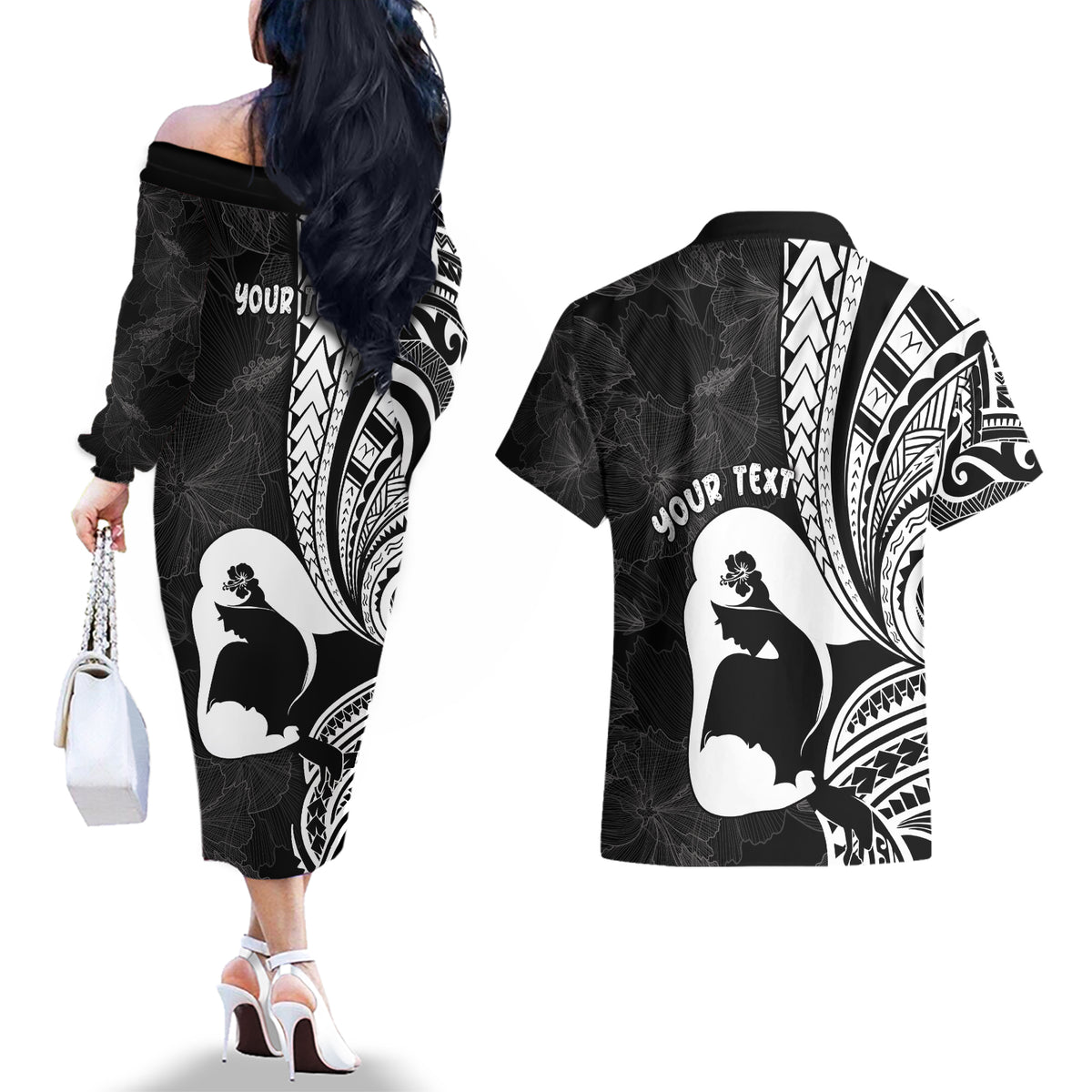 Mother's Day Couples Matching Off The Shoulder Long Sleeve Dress and Hawaiian Shirt Polynesia Vintage Hibiscus - Black