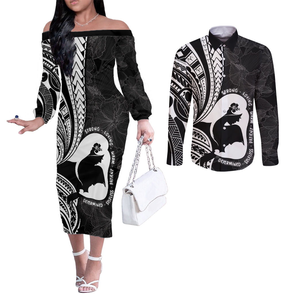 Mother's Day Couples Matching Off The Shoulder Long Sleeve Dress and Long Sleeve Button Shirt Polynesia Vintage Hibiscus - Black LT7 Black - Polynesian Pride