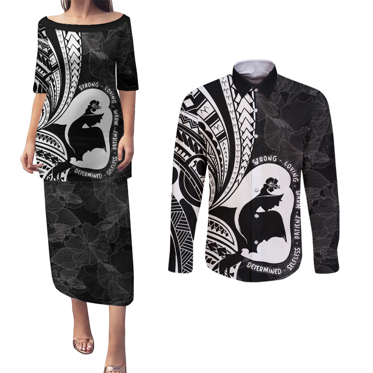 Mother's Day Couples Matching Puletasi and Long Sleeve Button Shirt Polynesia Vintage Hibiscus - Black