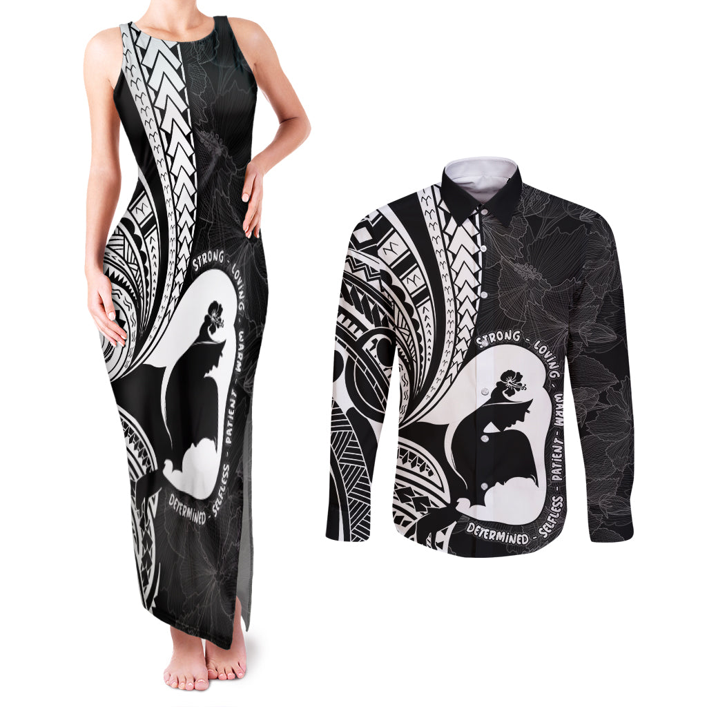 Mother's Day Couples Matching Tank Maxi Dress and Long Sleeve Button Shirt Polynesia Vintage Hibiscus - Black