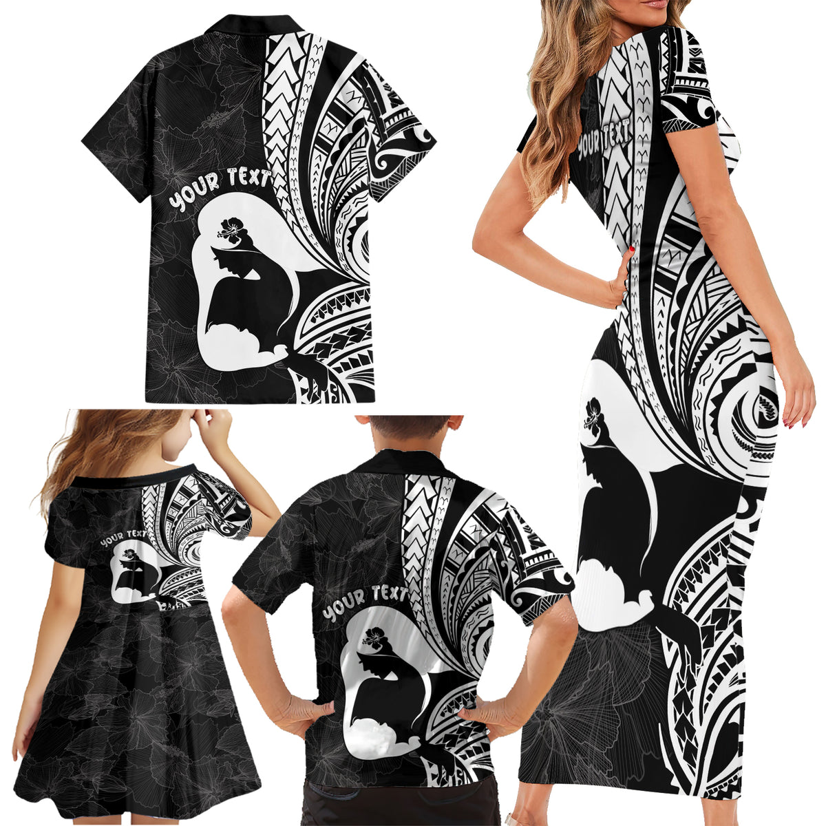 Mother's Day Family Matching Short Sleeve Bodycon Dress and Hawaiian Shirt Polynesia Vintage Hibiscus - Black