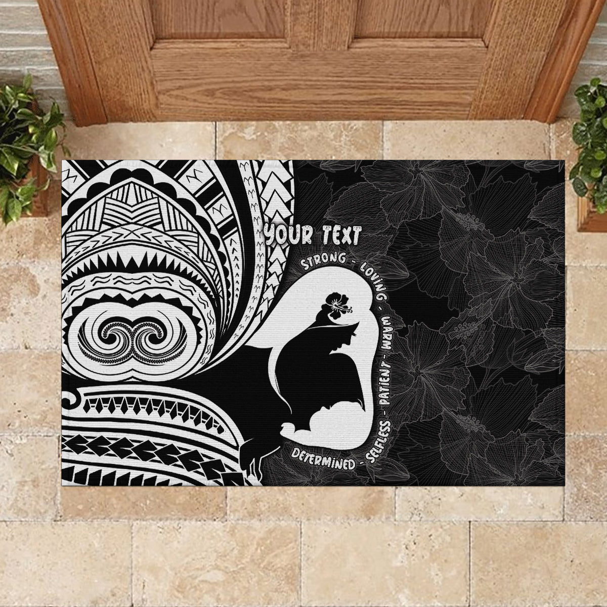 Mother's Day Rubber Doormat Polynesia Vintage Hibiscus - Black