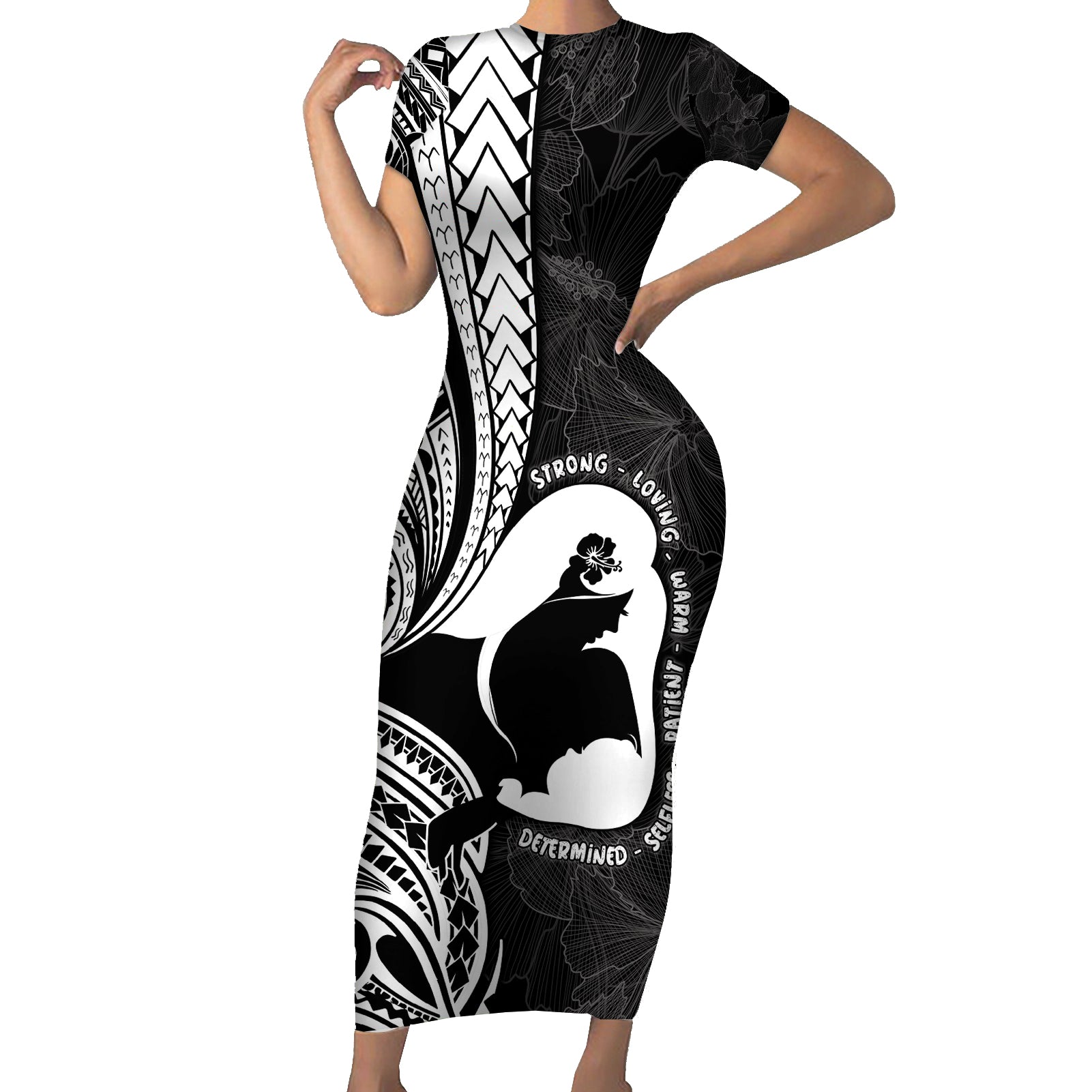 Mother's Day Short Sleeve Bodycon Dress Polynesia Vintage Hibiscus - Black