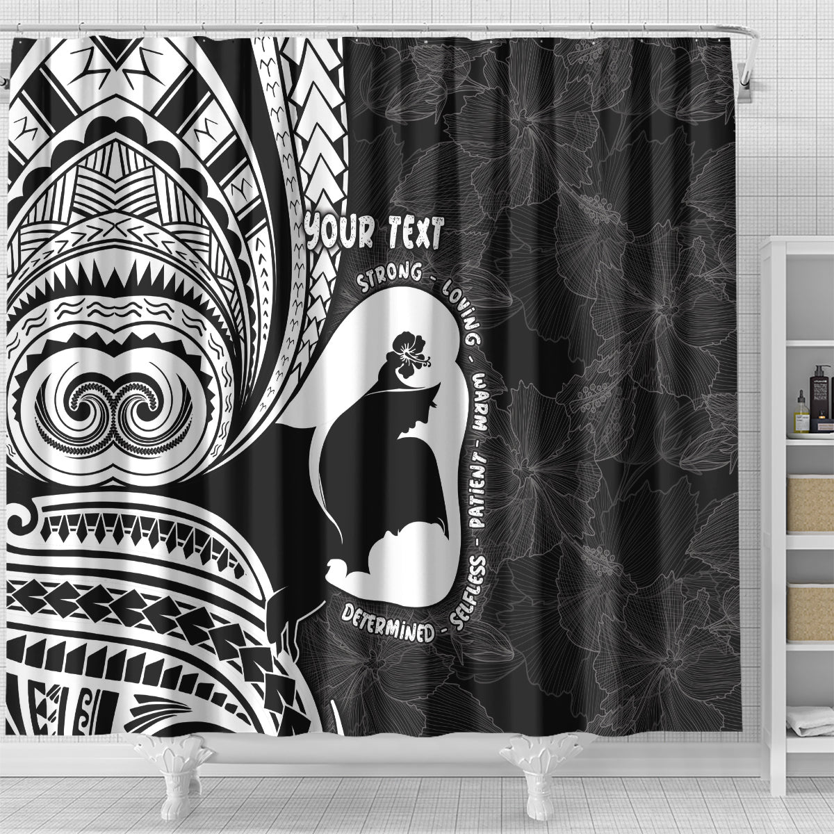 Mother's Day Shower Curtain Polynesia Vintage Hibiscus - Black