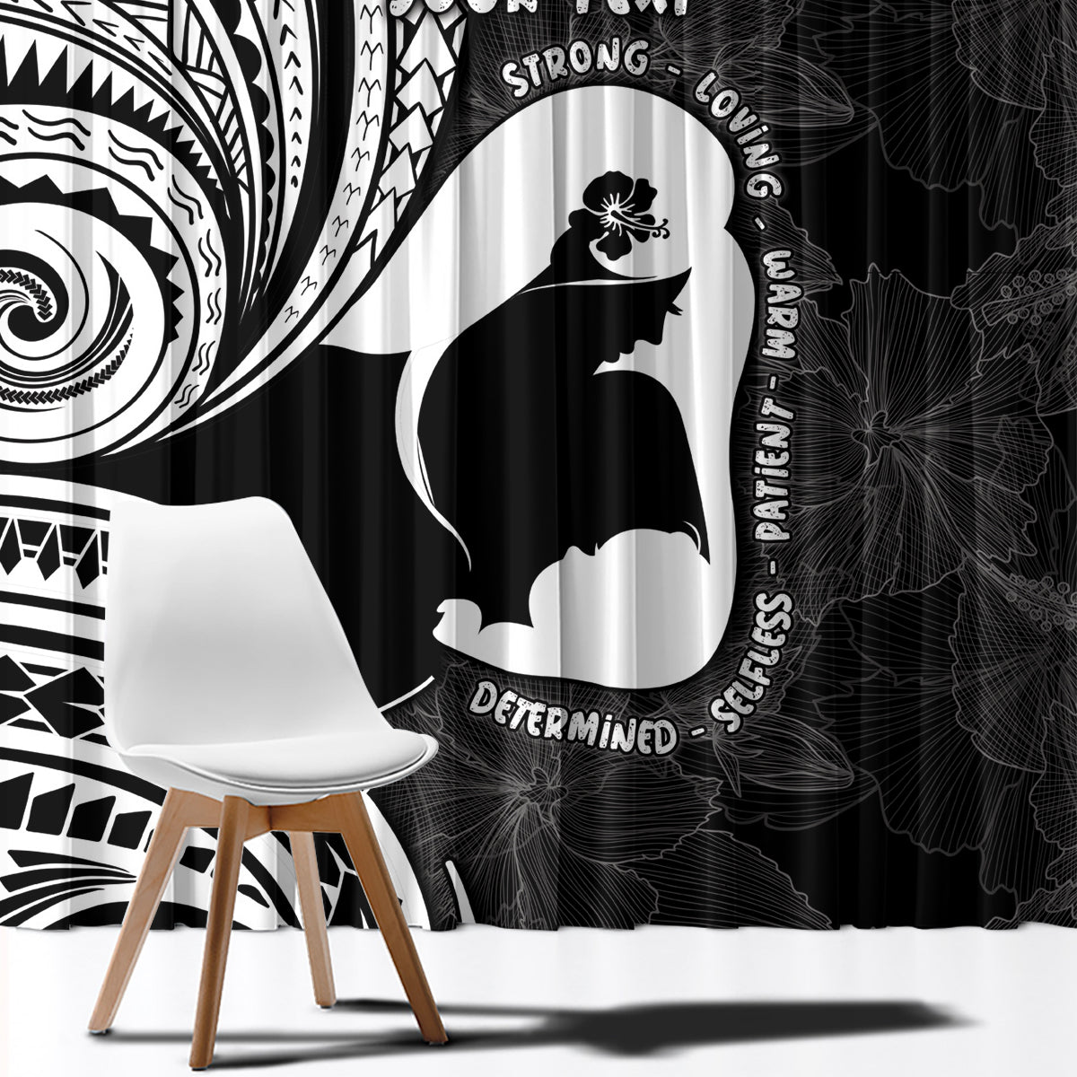 Mother's Day Window Curtain Polynesia Vintage Hibiscus - Black