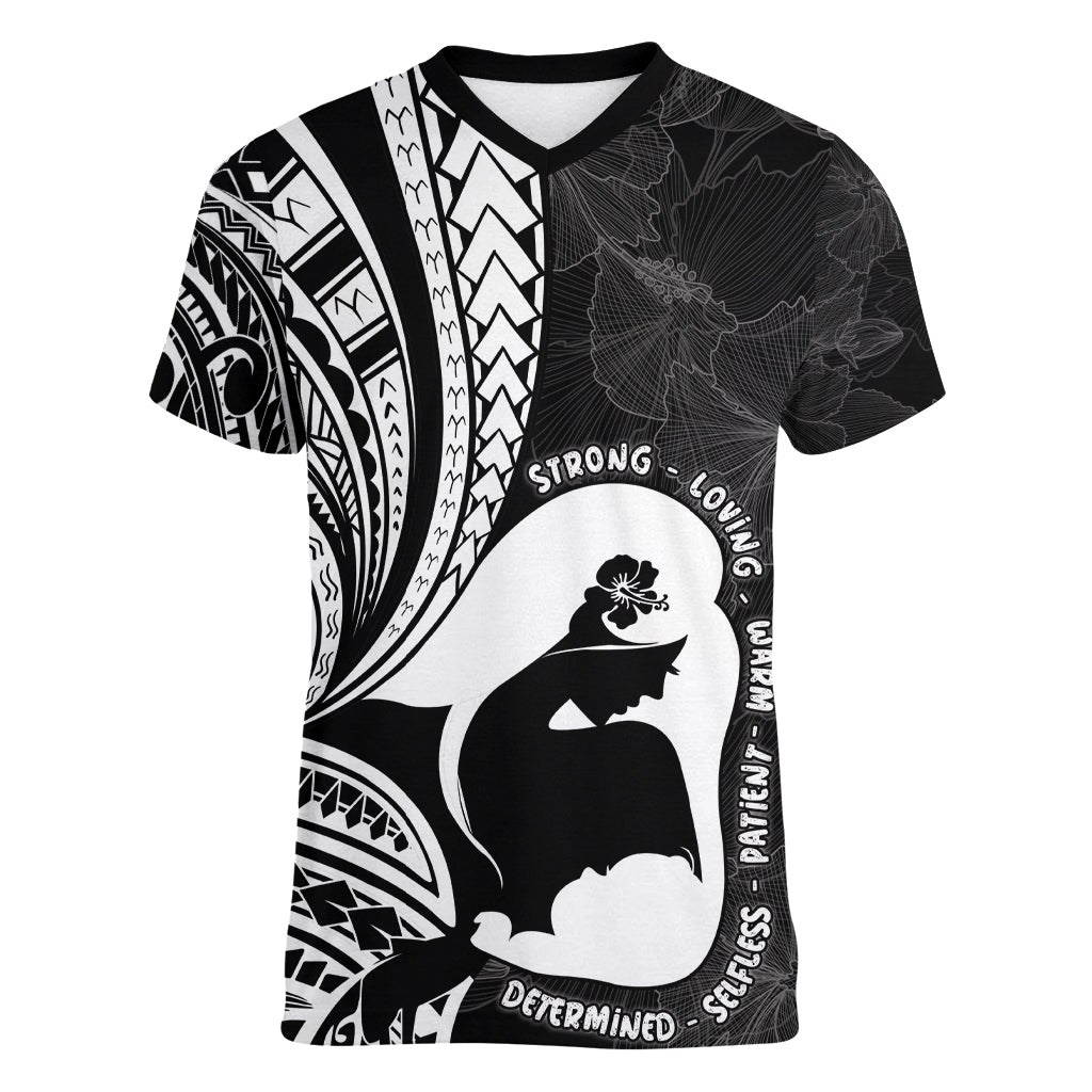 Mother's Day Women V Neck T Shirt Polynesia Vintage Hibiscus - Black