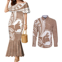Mother's Day Couples Matching Mermaid Dress and Long Sleeve Button Shirt Polynesia Vintage Hibiscus - Brown