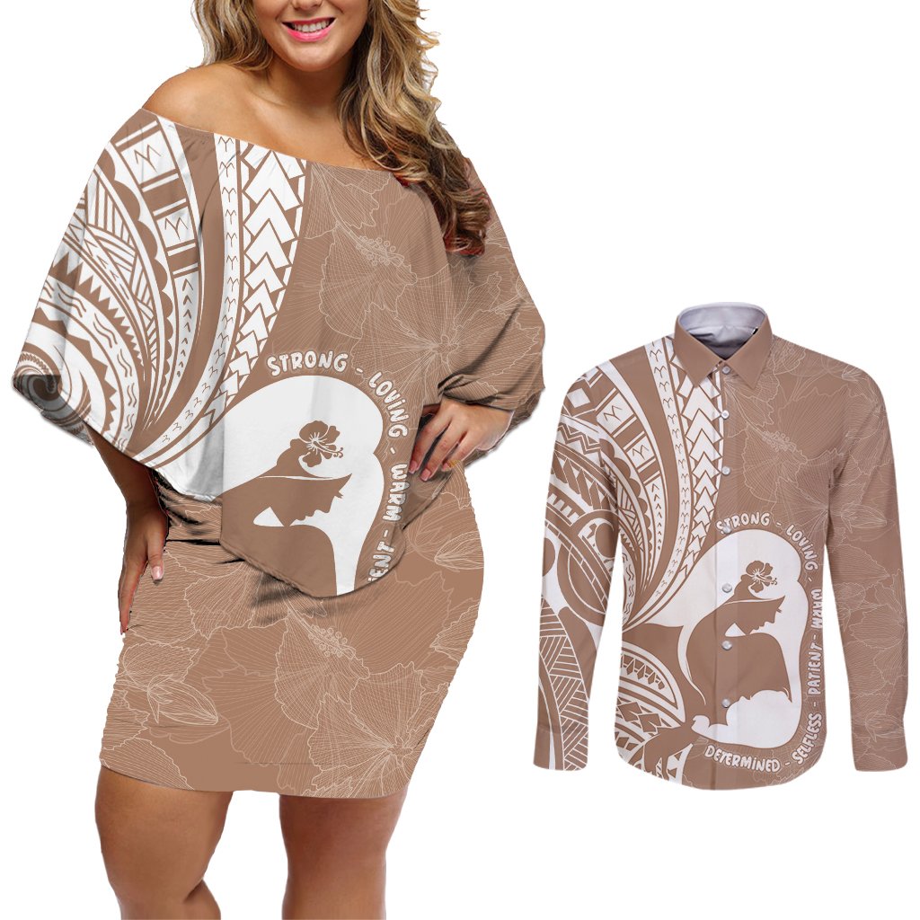 Mother's Day Couples Matching Off Shoulder Short Dress and Long Sleeve Button Shirt Polynesia Vintage Hibiscus - Brown