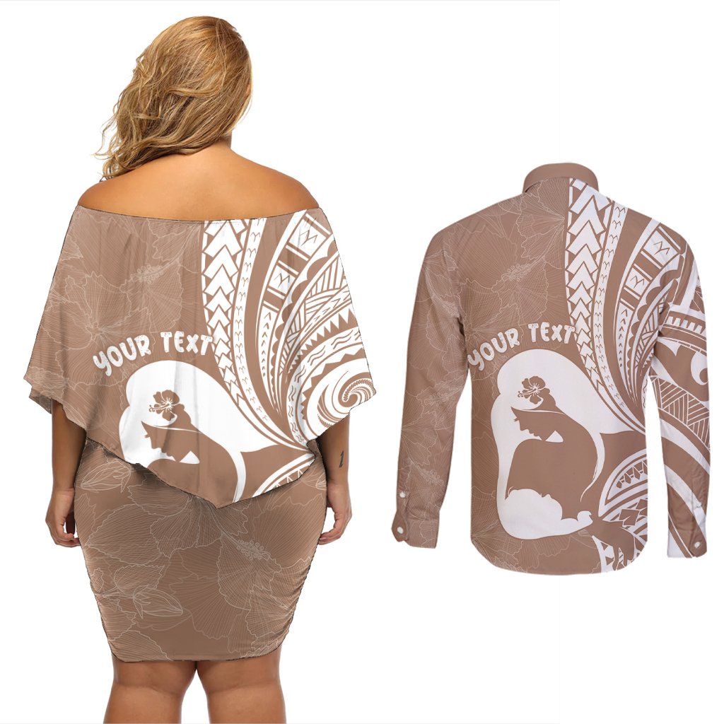 Mother's Day Couples Matching Off Shoulder Short Dress and Long Sleeve Button Shirt Polynesia Vintage Hibiscus - Brown