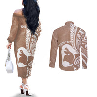 Mother's Day Couples Matching Off The Shoulder Long Sleeve Dress and Long Sleeve Button Shirt Polynesia Vintage Hibiscus - Brown