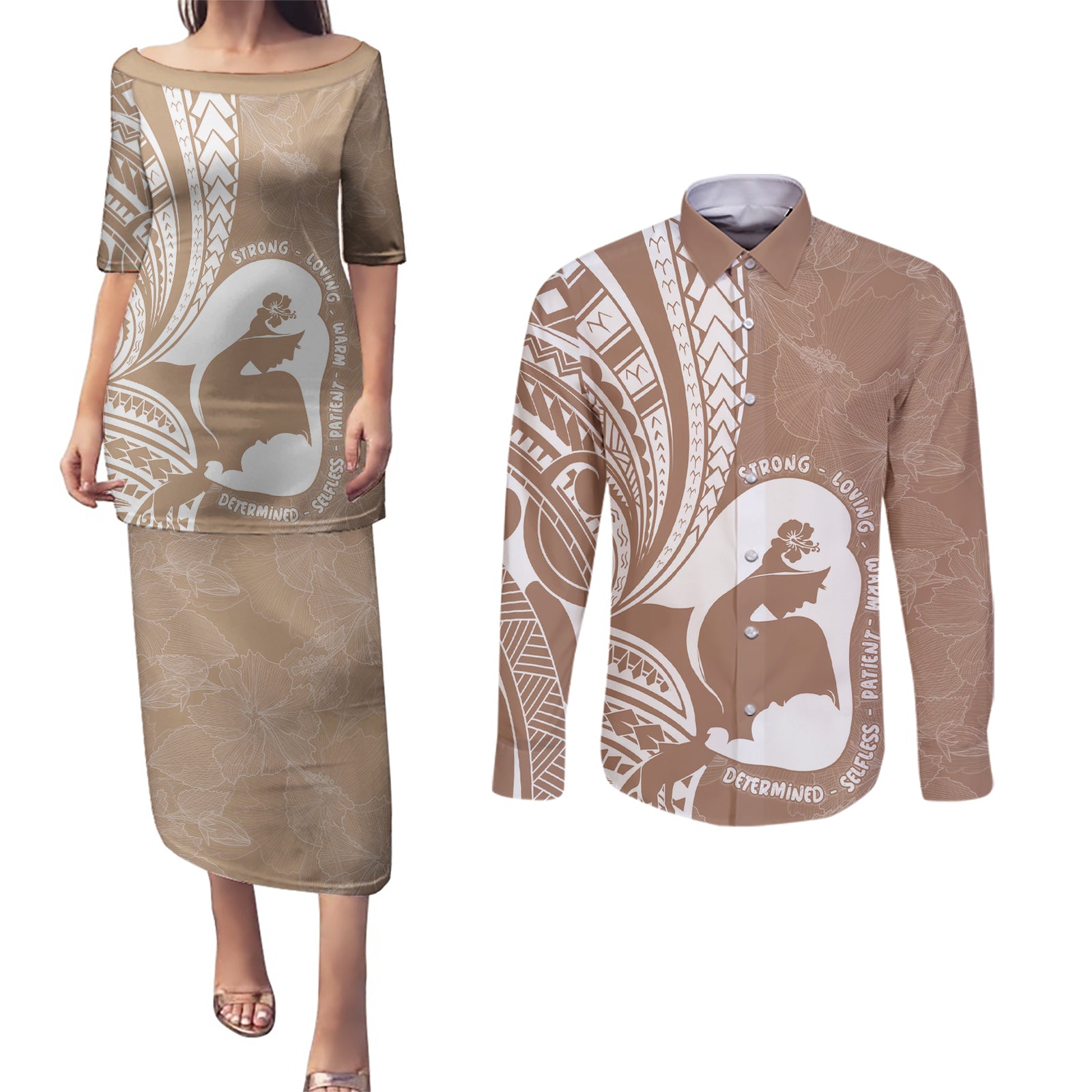 Mother's Day Couples Matching Puletasi and Long Sleeve Button Shirt Polynesia Vintage Hibiscus - Brown