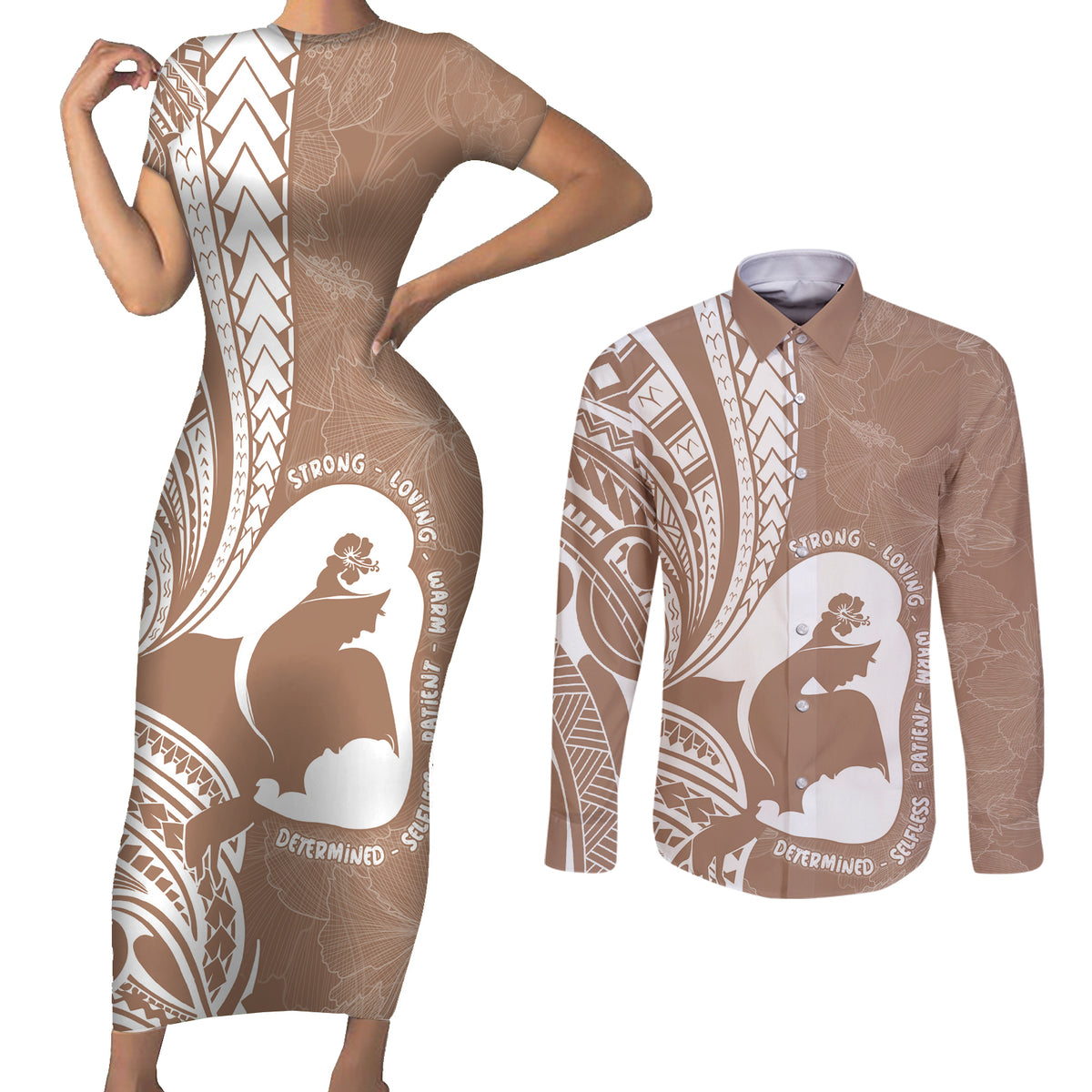 Mother's Day Couples Matching Short Sleeve Bodycon Dress and Long Sleeve Button Shirt Polynesia Vintage Hibiscus - Brown
