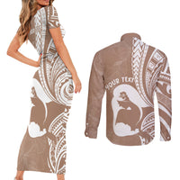 Mother's Day Couples Matching Short Sleeve Bodycon Dress and Long Sleeve Button Shirt Polynesia Vintage Hibiscus - Brown