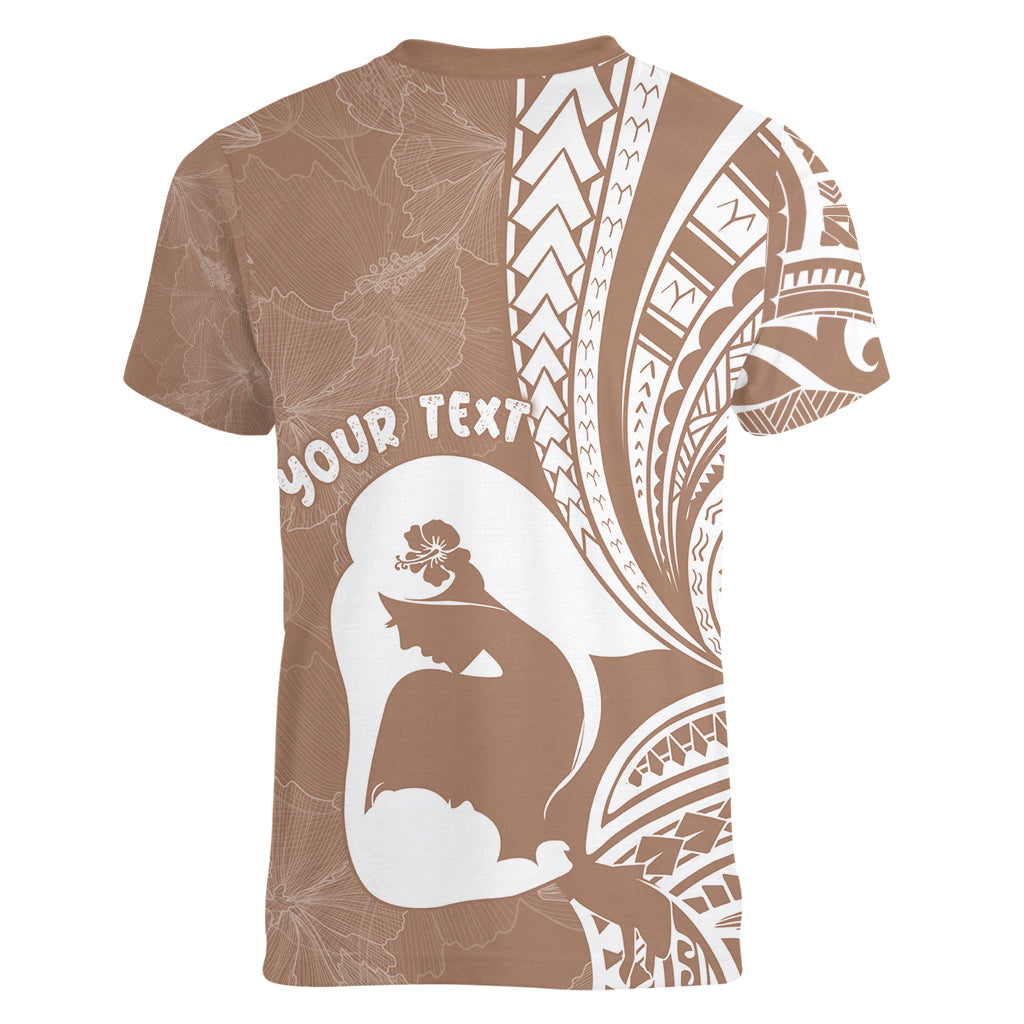 Mother's Day Women V Neck T Shirt Polynesia Vintage Hibiscus - Brown