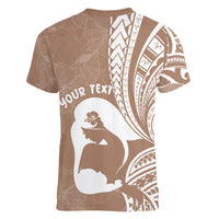 Mother's Day Women V Neck T Shirt Polynesia Vintage Hibiscus - Brown