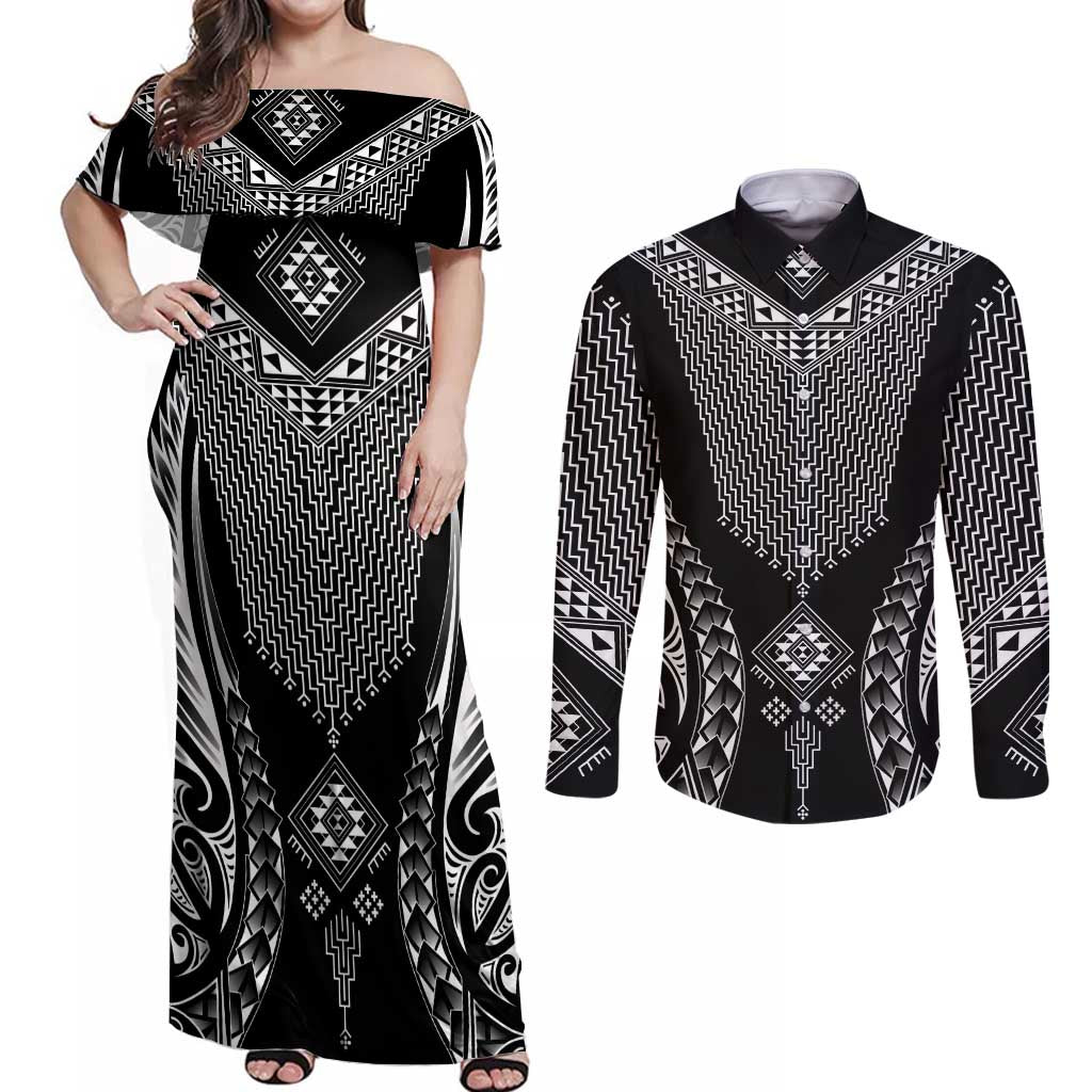 2025 Rugby Championship New Zealand Custom Couples Matching Off Shoulder Maxi Dress and Long Sleeve Button Shirt Poutama Motifs - Polynesian Pride