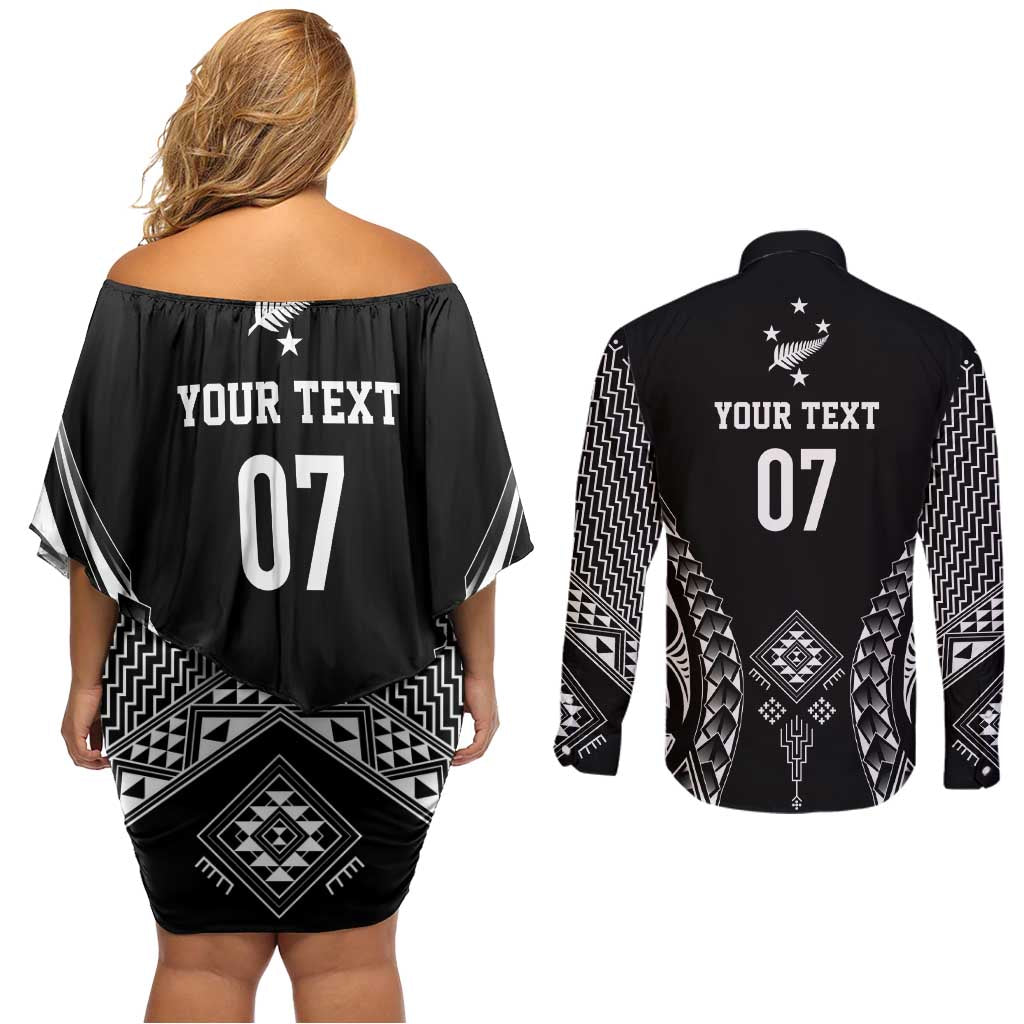 2025 Rugby Championship New Zealand Custom Couples Matching Off Shoulder Short Dress and Long Sleeve Button Shirt Poutama Motifs - Polynesian Pride