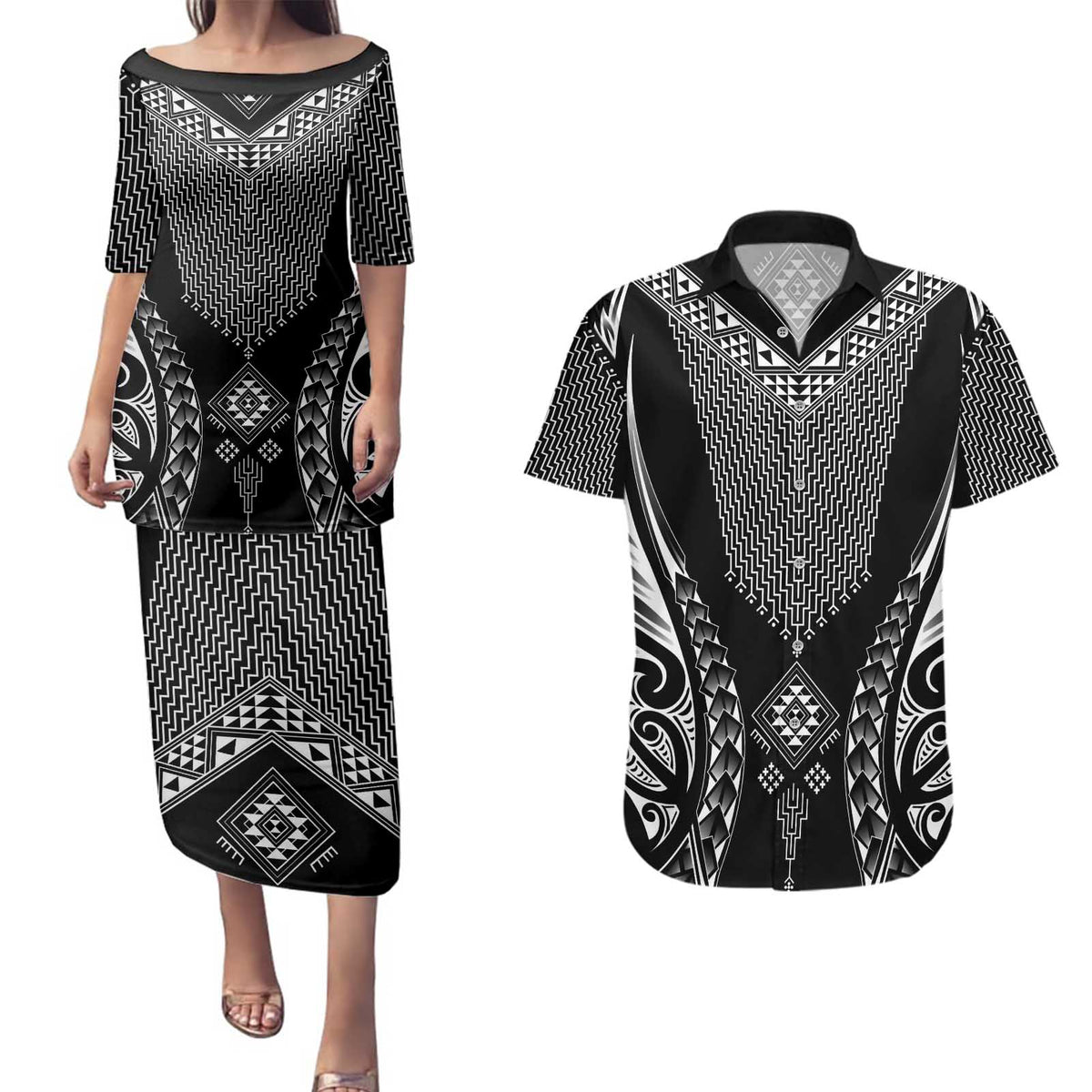 2025 Rugby Championship New Zealand Custom Couples Matching Puletasi and Hawaiian Shirt Poutama Motifs - Polynesian Pride