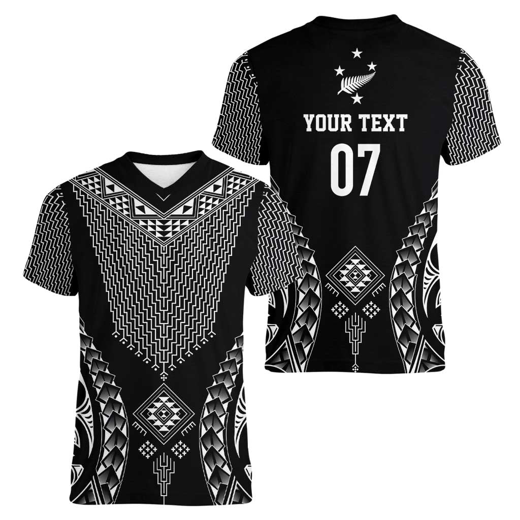 2025 Rugby Championship New Zealand Custom Women V-Neck T-Shirt Poutama Motifs - Polynesian Pride
