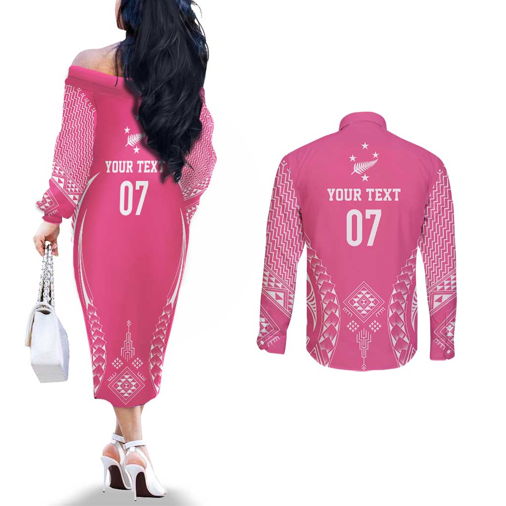 2025 Rugby Championship New Zealand Custom Couples Matching Off The Shoulder Long Sleeve Dress and Long Sleeve Button Shirt Poutama Motifs - Pink Out - Polynesian Pride