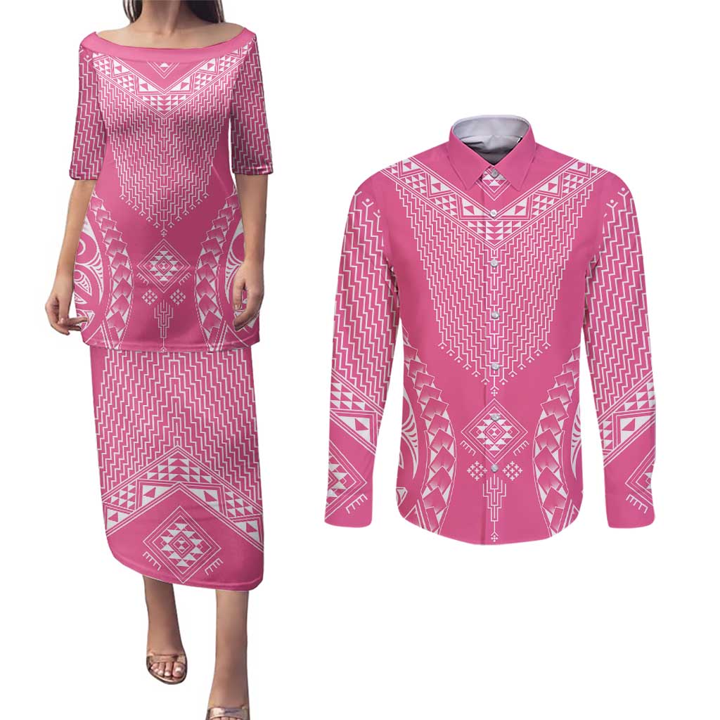 2025 Rugby Championship New Zealand Custom Couples Matching Puletasi and Long Sleeve Button Shirt Poutama Motifs - Pink Out - Polynesian Pride
