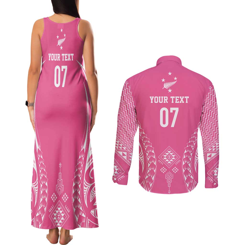 2025 Rugby Championship New Zealand Custom Couples Matching Tank Maxi Dress and Long Sleeve Button Shirt Poutama Motifs - Pink Out - Polynesian Pride