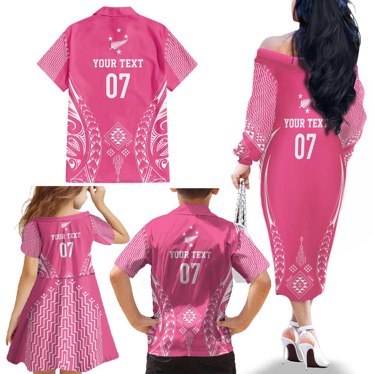 2025 Rugby Championship New Zealand Custom Family Matching Off The Shoulder Long Sleeve Dress and Hawaiian Shirt Poutama Motifs - Pink Out - Polynesian Pride