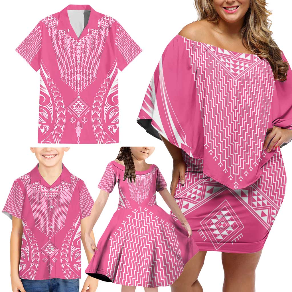 2025 Rugby Championship New Zealand Custom Family Matching Off Shoulder Short Dress and Hawaiian Shirt Poutama Motifs - Pink Out - Polynesian Pride