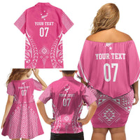 2025 Rugby Championship New Zealand Custom Family Matching Off Shoulder Short Dress and Hawaiian Shirt Poutama Motifs - Pink Out - Polynesian Pride
