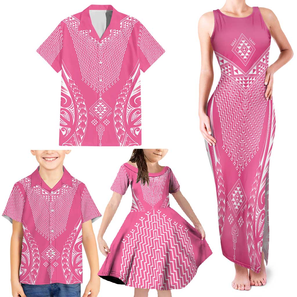 2025 Rugby Championship New Zealand Custom Family Matching Tank Maxi Dress and Hawaiian Shirt Poutama Motifs - Pink Out - Polynesian Pride
