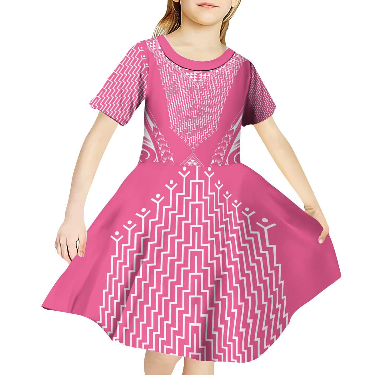 2025 Rugby Championship New Zealand Custom Kid Short Sleeve Dress Poutama Motifs - Pink Out - Polynesian Pride