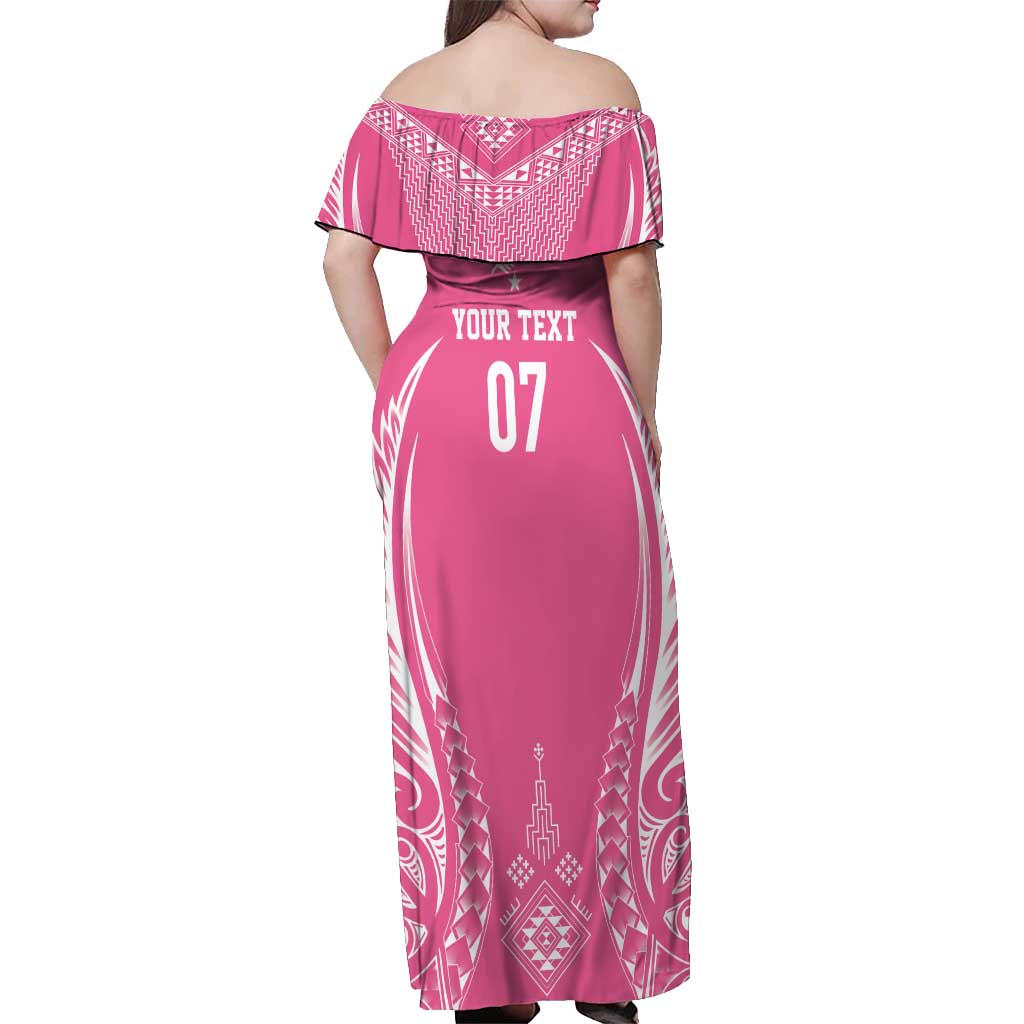 2025 Rugby Championship New Zealand Custom Off Shoulder Maxi Dress Poutama Motifs - Pink Out - Polynesian Pride
