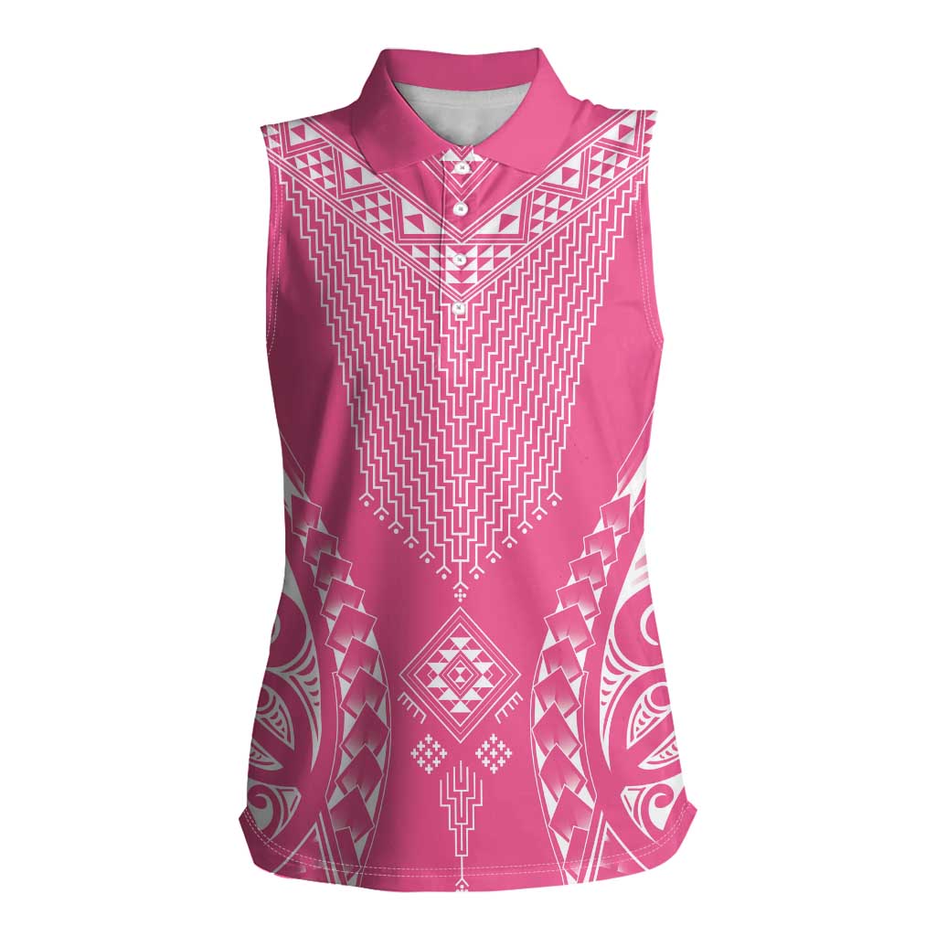 2025 Rugby Championship New Zealand Custom Women Sleeveless Polo Shirt Poutama Motifs - Pink Out - Polynesian Pride
