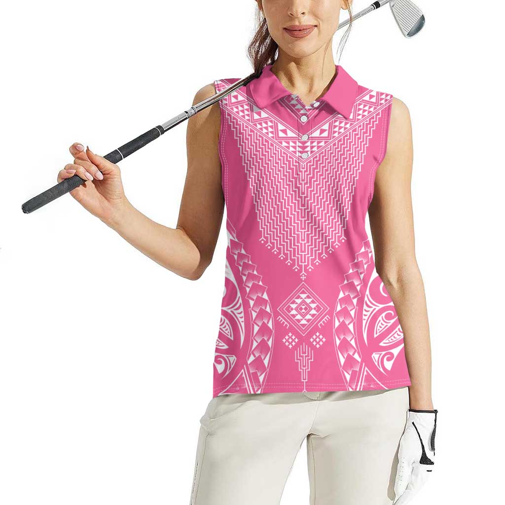 2025 Rugby Championship New Zealand Custom Women Sleeveless Polo Shirt Poutama Motifs - Pink Out - Polynesian Pride
