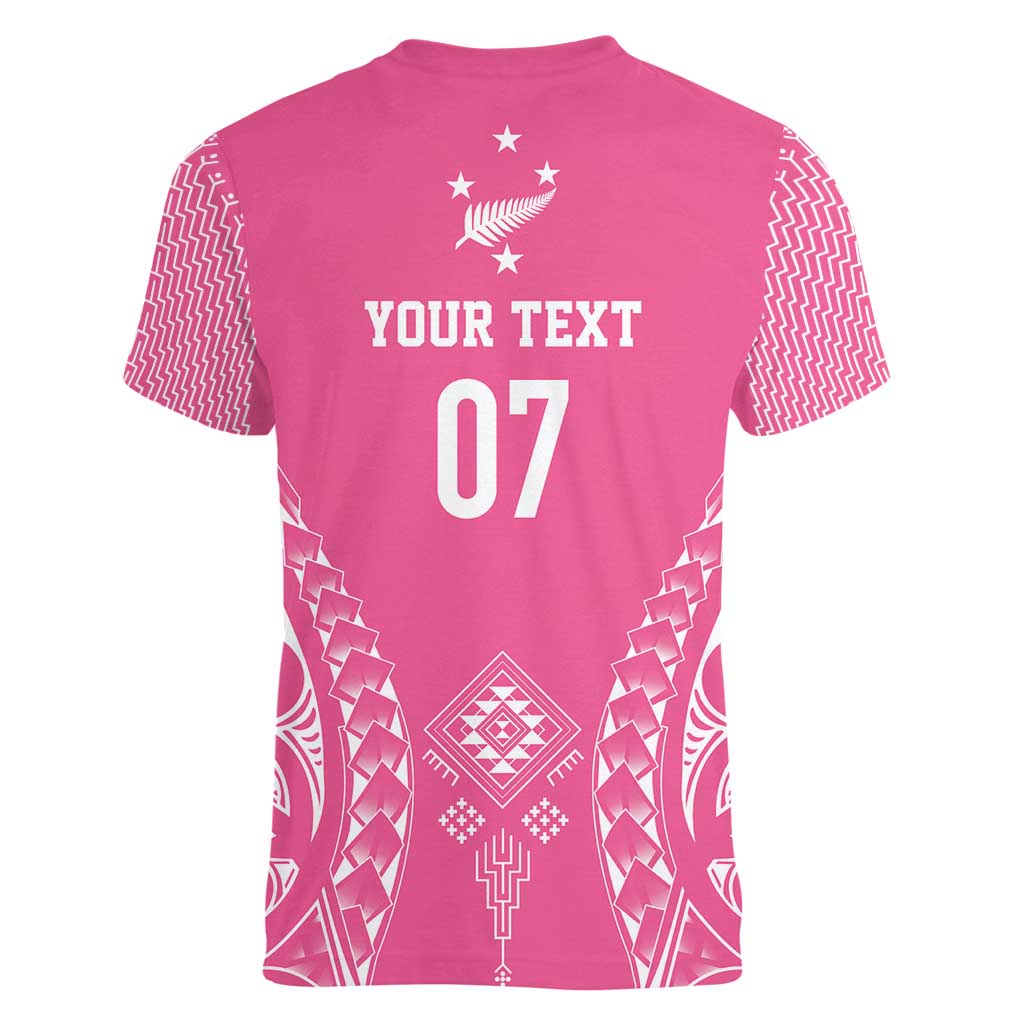 2025 Rugby Championship New Zealand Custom Women V-Neck T-Shirt Poutama Motifs - Pink Out - Polynesian Pride